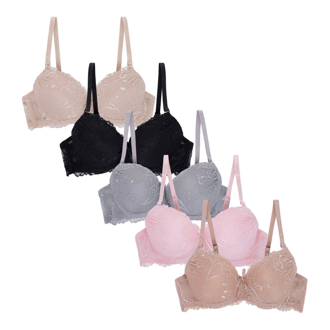 Double Push Up Bras - Lace Underwire Value Pack Lace Bras - Maximum  Cleavage - 5 Pack