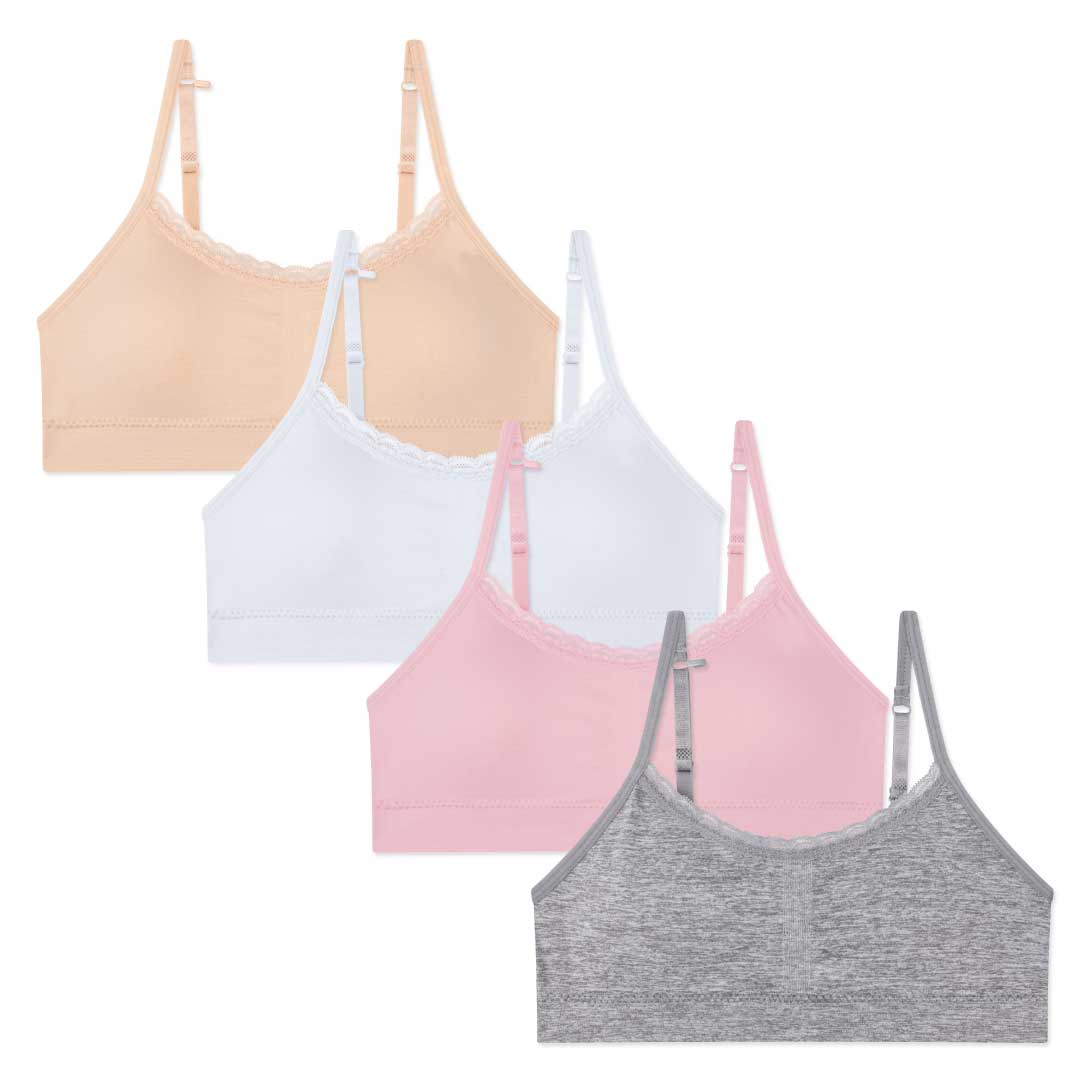 FRUIT OF THE LOOM GIRLS COTTON STRETCH SPORTS BRA 3 PACK SIZE 36 PINK GRAY  WHITE