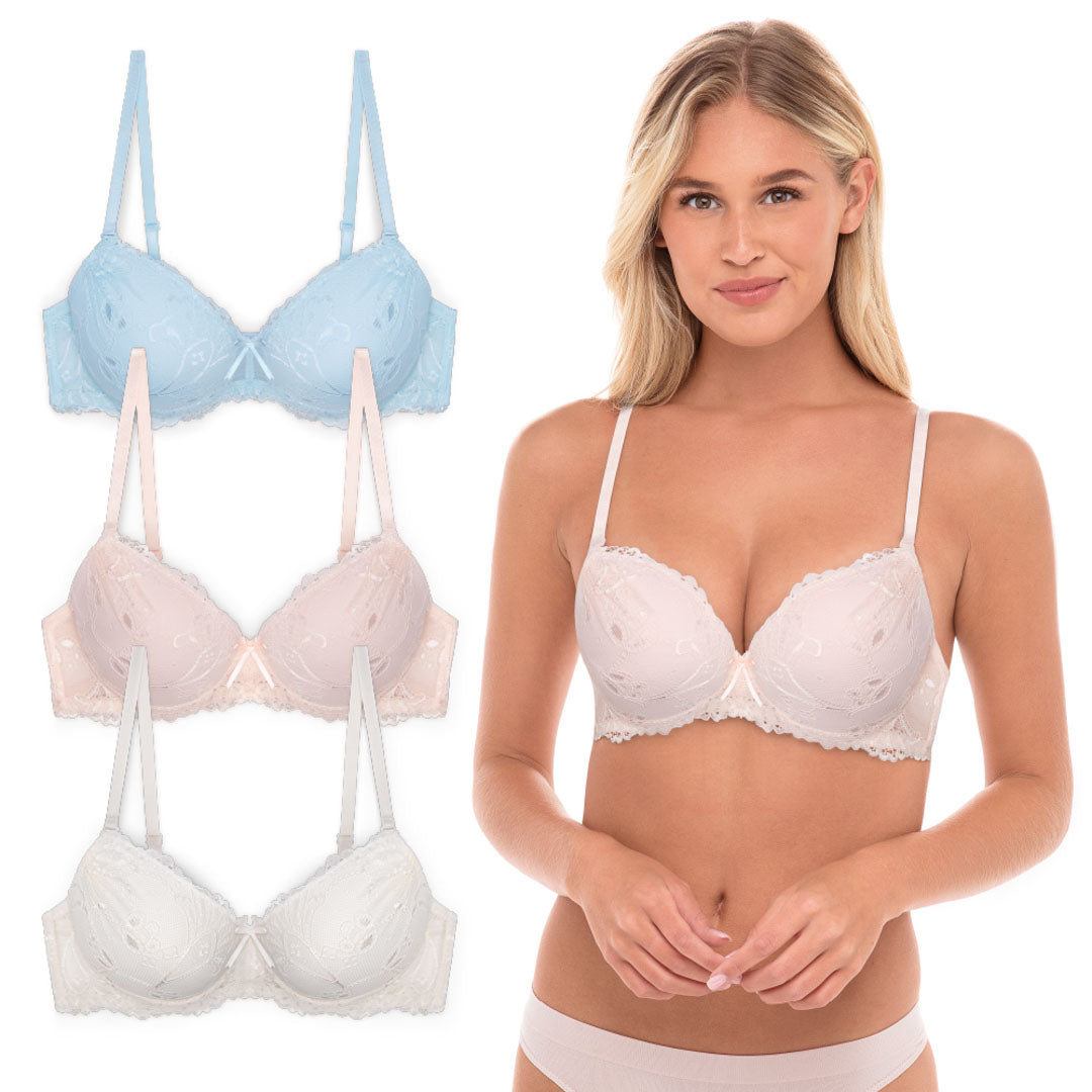 Floral Lace Double Push Up Bra - 3 Pack