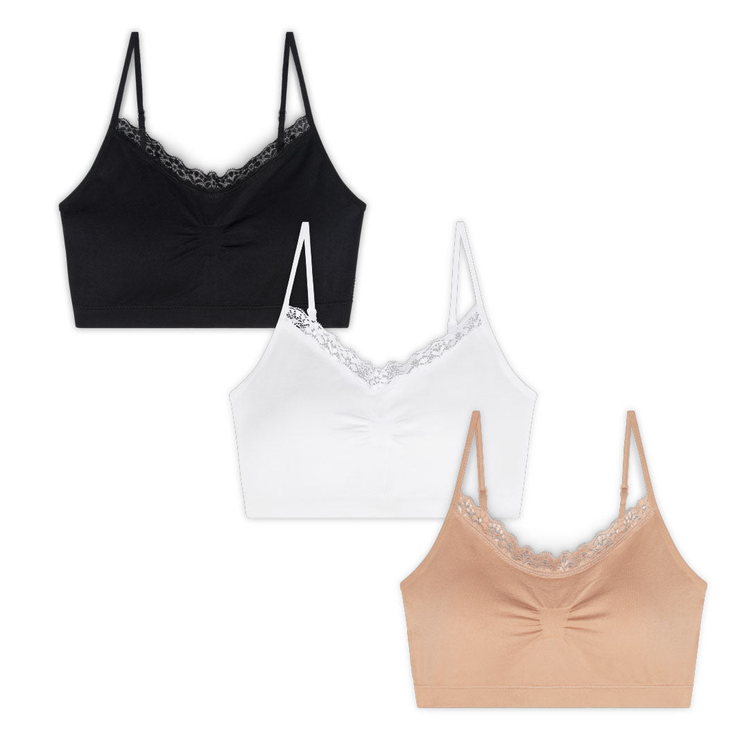 QiShi Women's 3-Pack Seamless Wireless Sports Bra with Removable  Pads（Black, White, Beige)